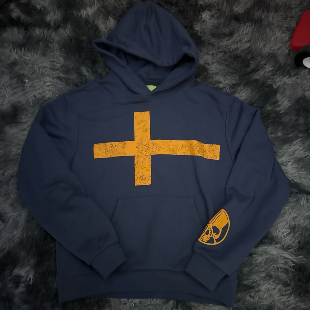 peace in war Navy Blue Hoodie with Yellow Cross Design